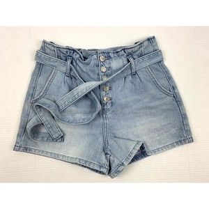 American Eagle Women’s Sz 4 Mom Shorts Blue Denim Tie Waist Buttons Cotton